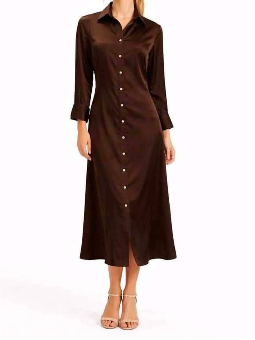 Long Sleeve Brown Button-Front Midi Shirt Dress